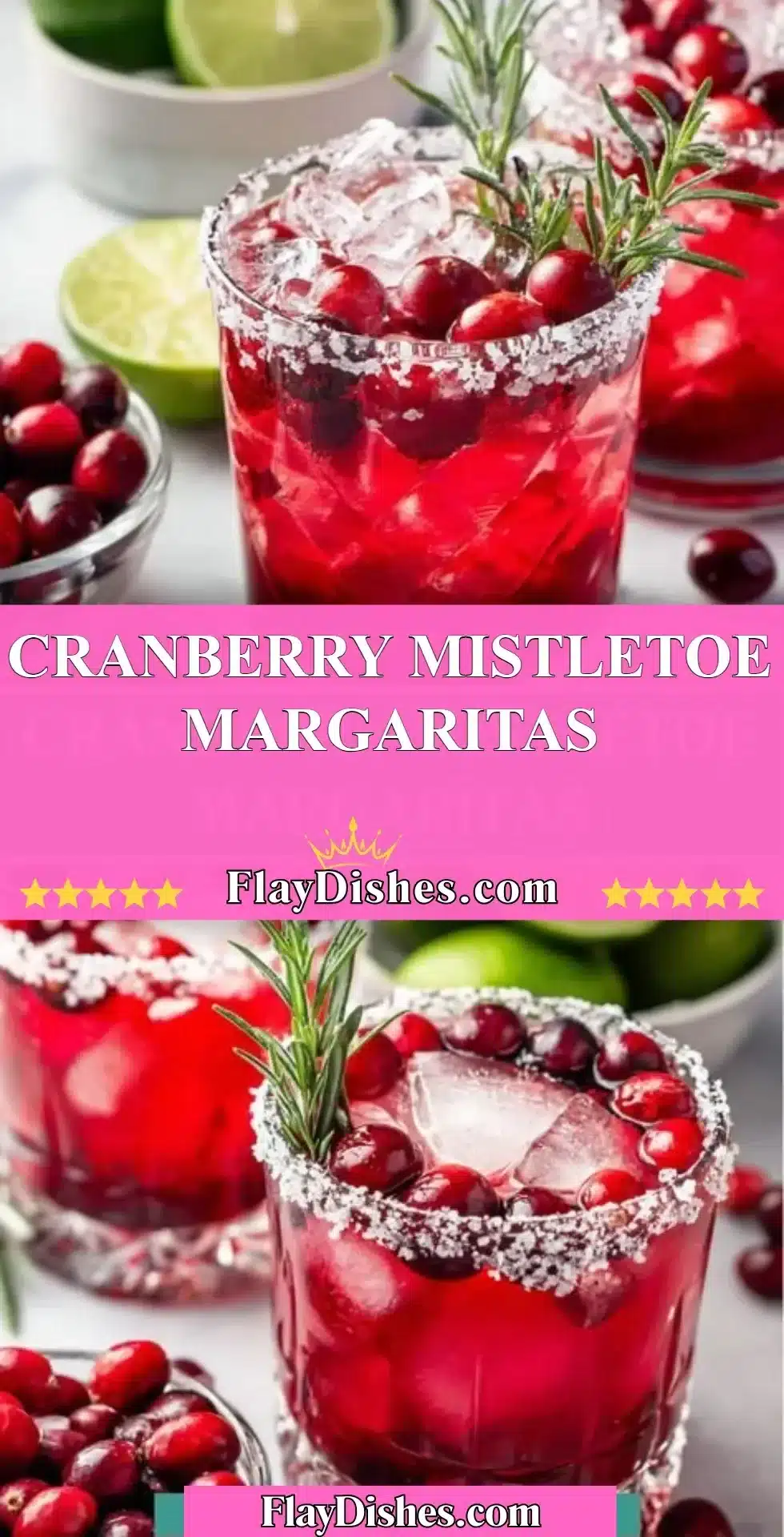 Festive Cranberry Mistletoe Margaritas in glasses garnished with cranberries and mint.