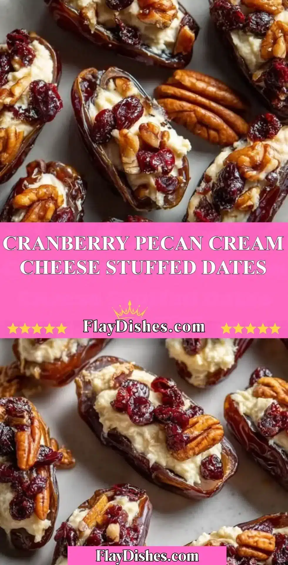 Cranberry Pecan Cream Cheese Stuffed Dates on a plate, garnished for presentation.