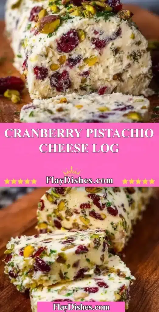 Cranberry and pistachio cheese log served on a wooden board