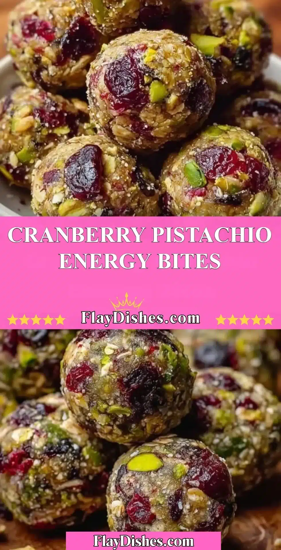 Cranberry Pistachio Energy Bites on a wooden plate