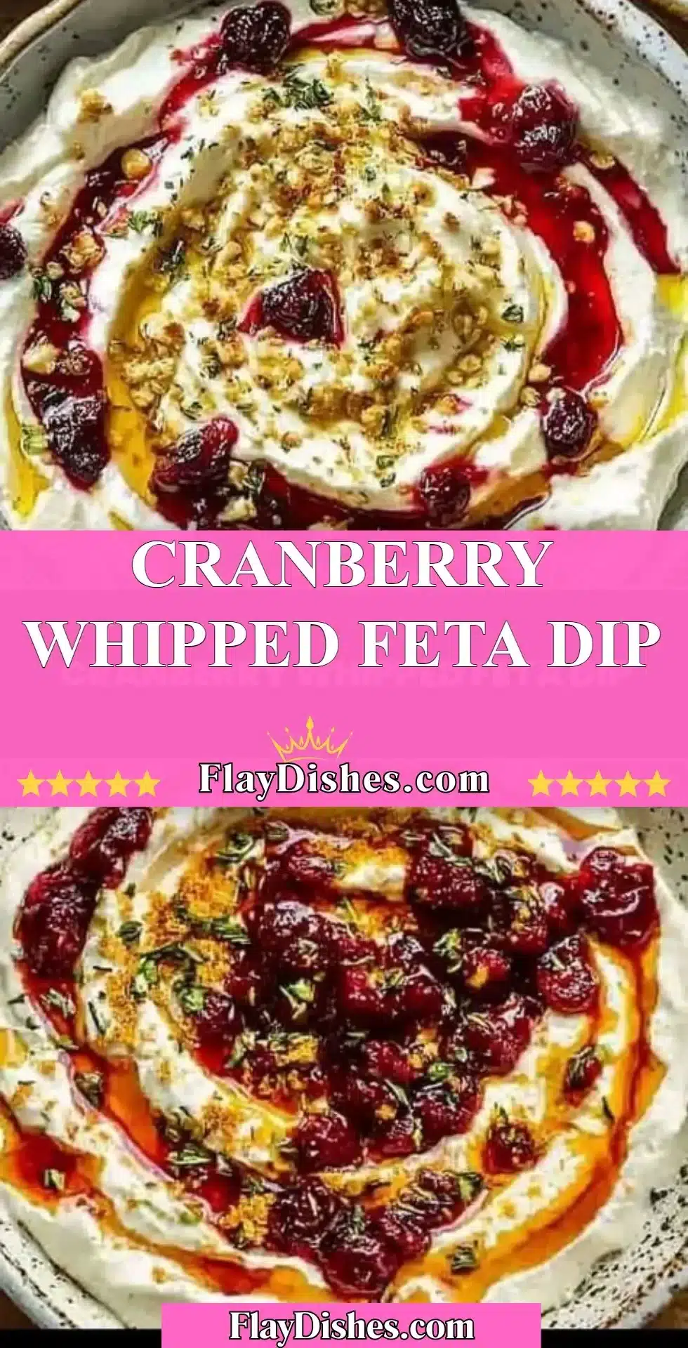 Creamy cranberry whipped feta dip served in a bowl with crackers and fresh herbs