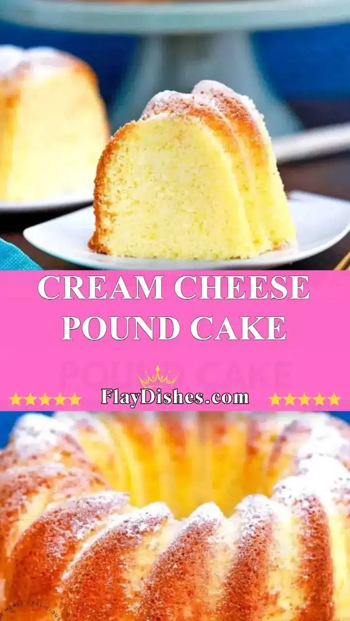 A slice of cream cheese pound cake on a white plate garnished with fresh berries