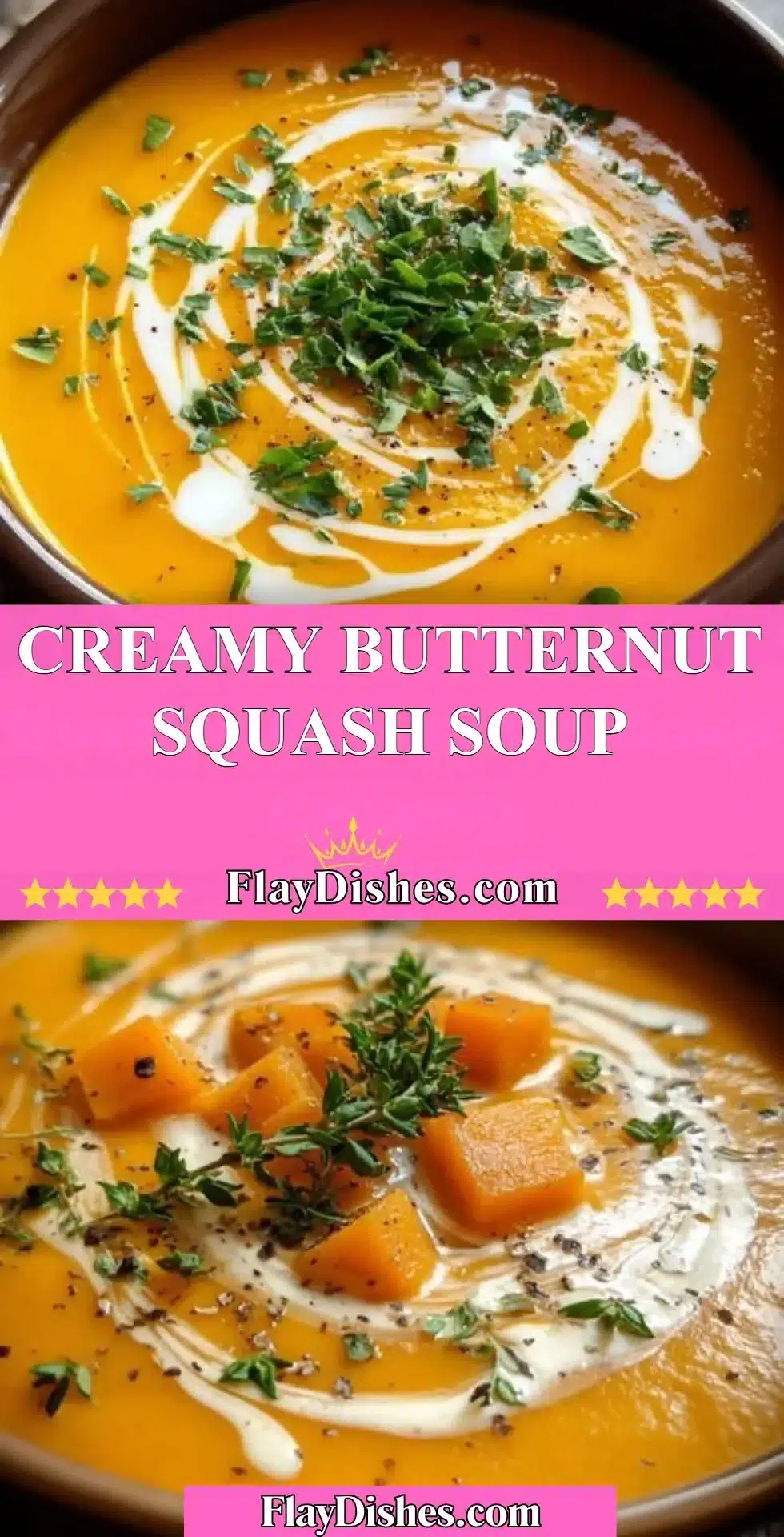 Creamy butternut squash soup served in a bowl with garnishes