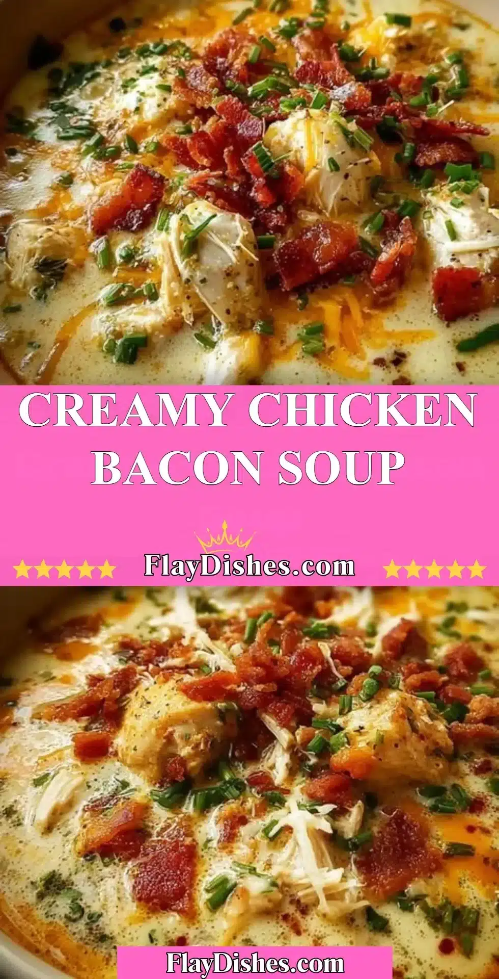Bowl of creamy chicken bacon soup with crispy bacon and herbs