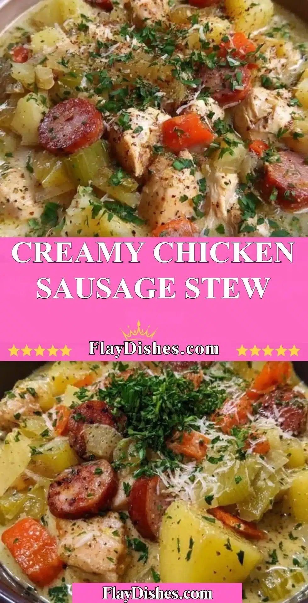Bowl of creamy chicken sausage stew with vegetables and herbs