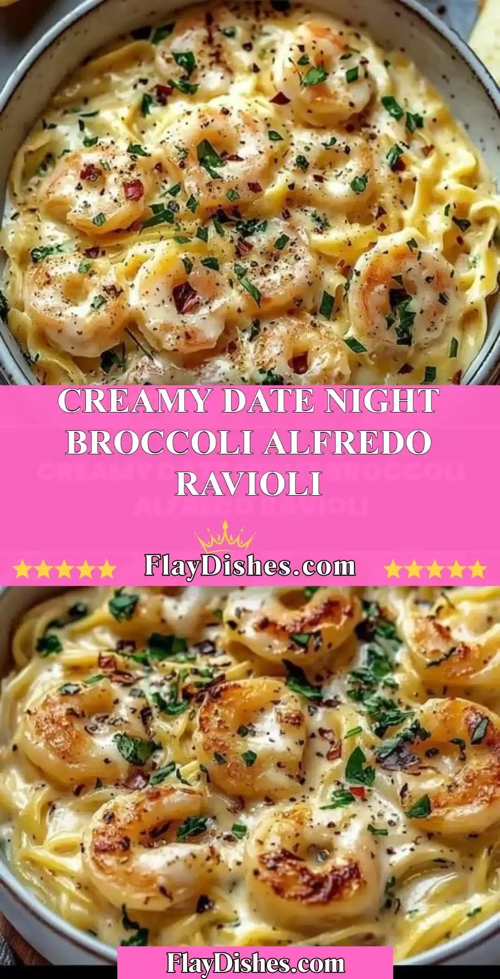 Creamy broccoli alfredo ravioli served on a plate, ready for a romantic dinner.