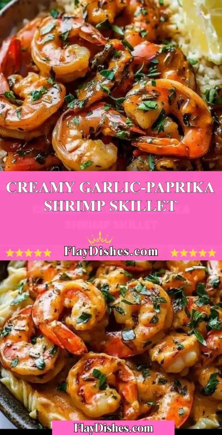 Creamy garlic-paprika shrimp skillet served in a delicious, colorful dish