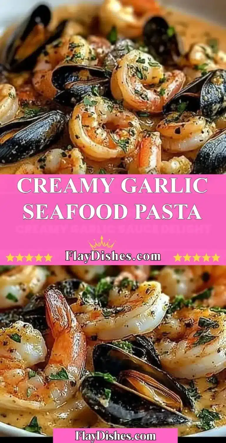 Creamy garlic seafood pasta with shrimp and mussels in a rich sauce