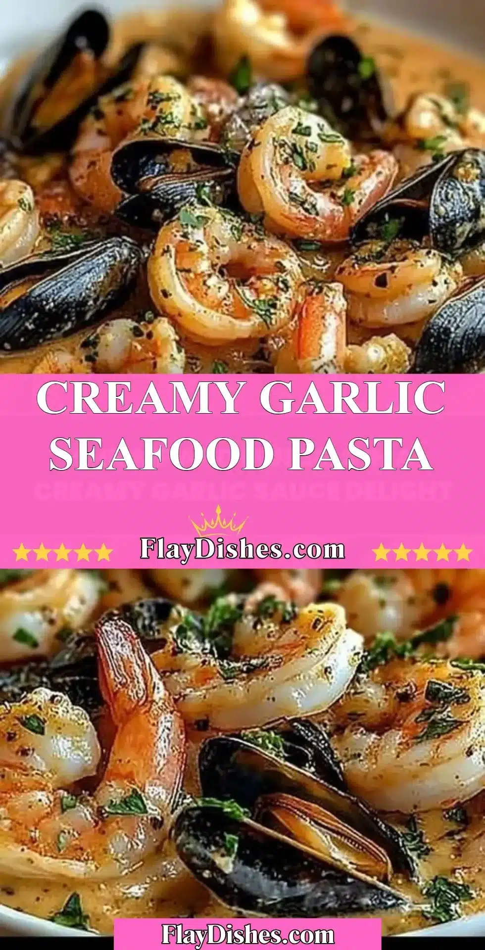 Creamy garlic seafood pasta with shrimp and mussels in a rich sauce