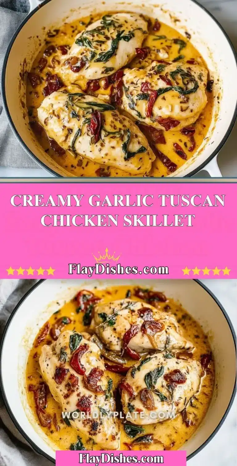 Creamy garlic Tuscan chicken skillet dish garnished with herbs