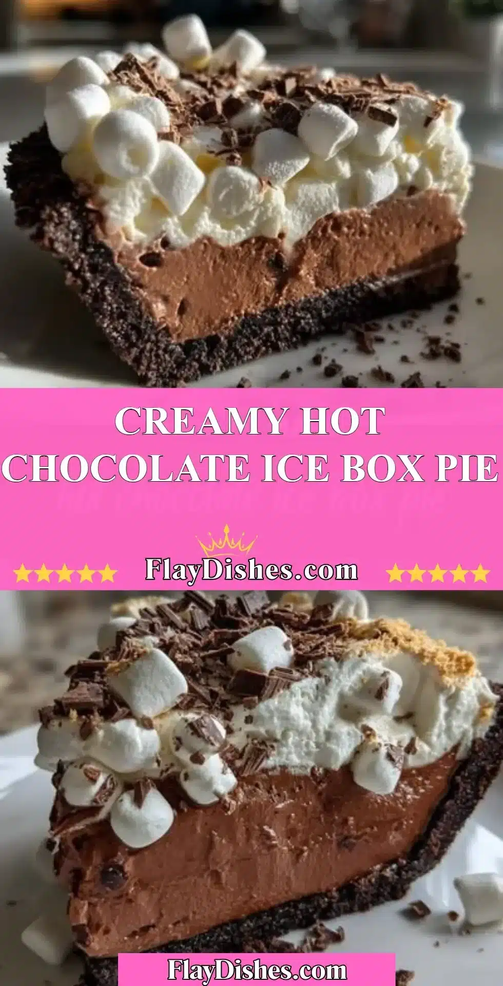 Creamy hot chocolate ice box pie topped with whipped cream and chocolate shavings