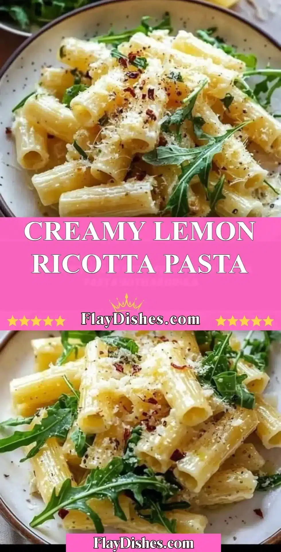 Creamy lemon ricotta pasta served in a bowl with herbs and lemon slices