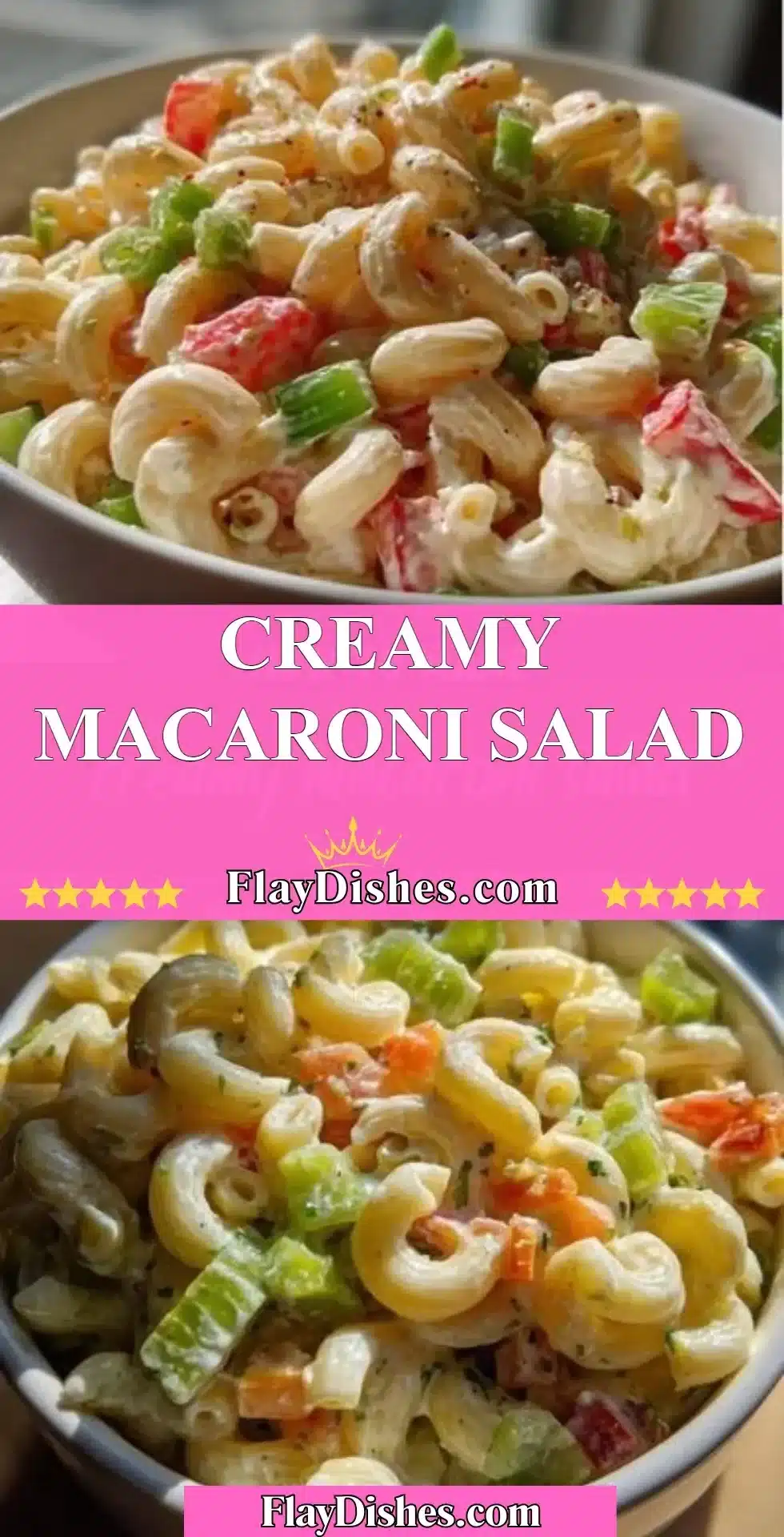 Creamy macaroni salad bowl with fresh vegetables