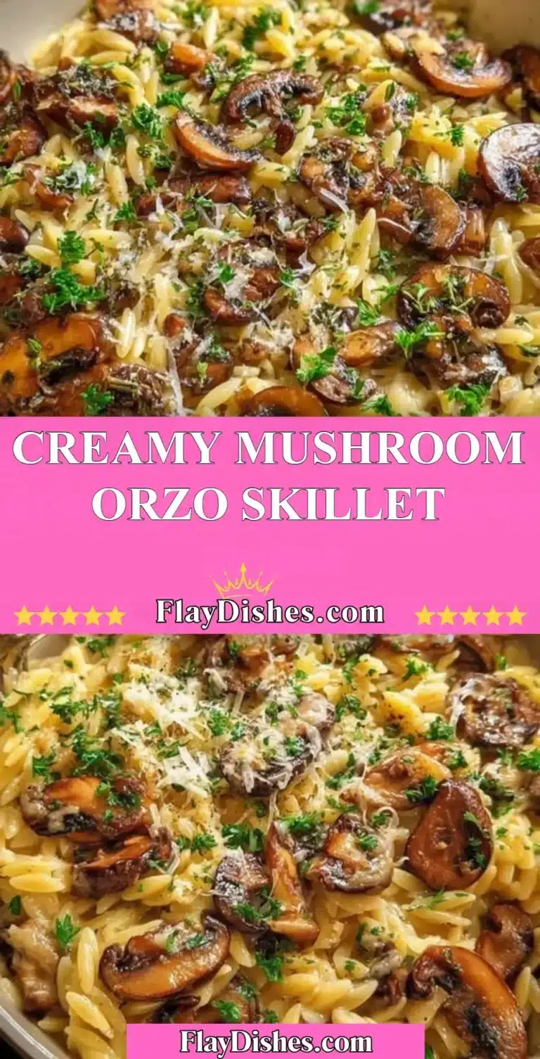 Creamy mushroom orzo skillet dish with fresh herbs and cheese