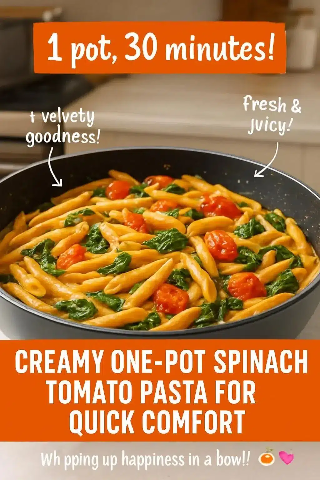 Creamy one-pot spinach tomato pasta served in a bowl with fresh herbs