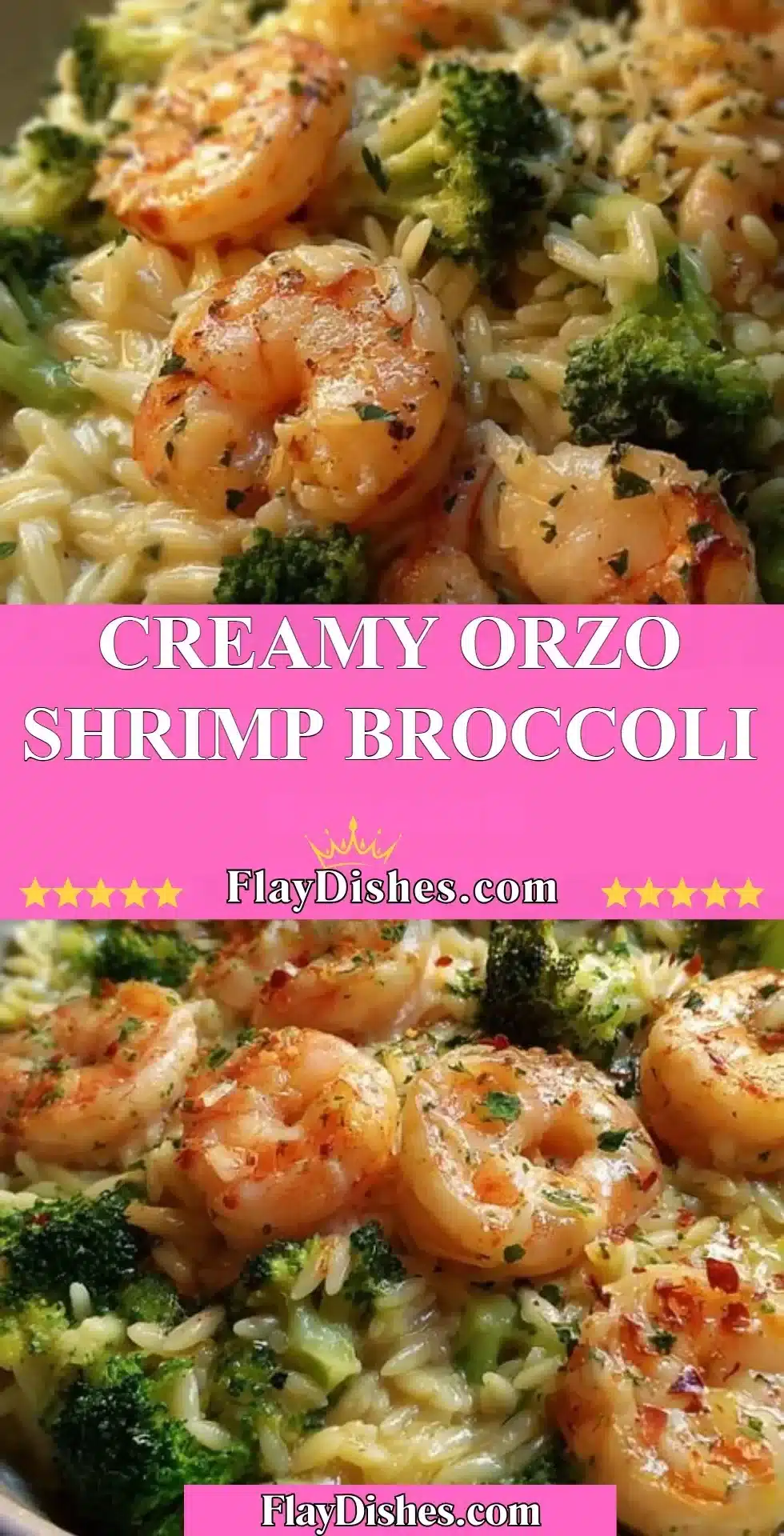 Creamy orzo with shrimp and broccoli served in a bowl