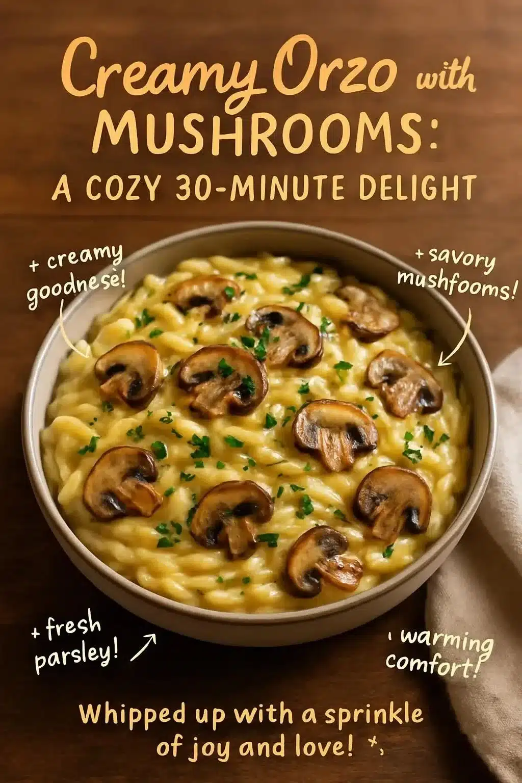 Creamy orzo with mushrooms served in a bowl, topped with fresh herbs.