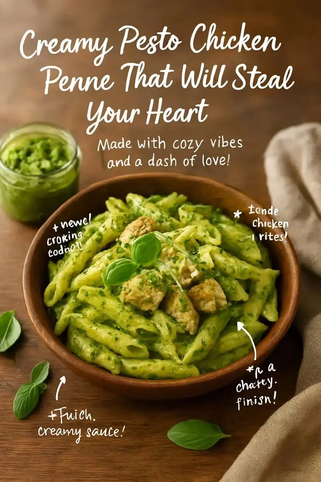 Delicious creamy pesto chicken penne dish garnished with fresh basil
