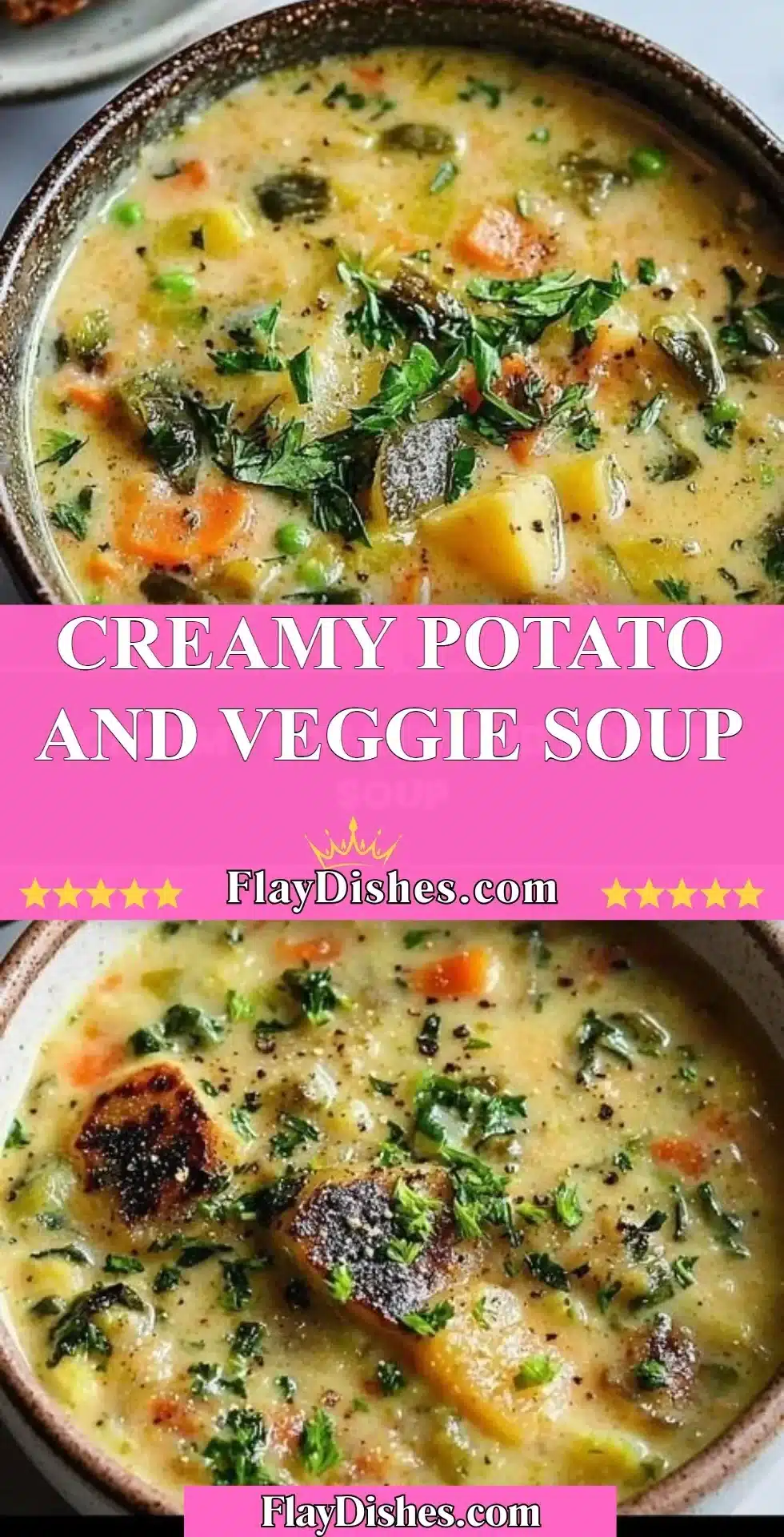 Creamy potato and veggie soup garnished with herbs in a bowl.