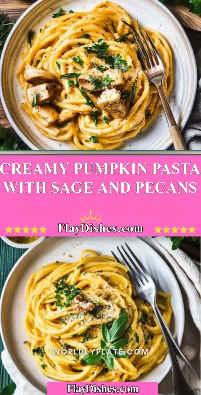 Creamy pumpkin pasta topped with sage and pecans served in a bowl