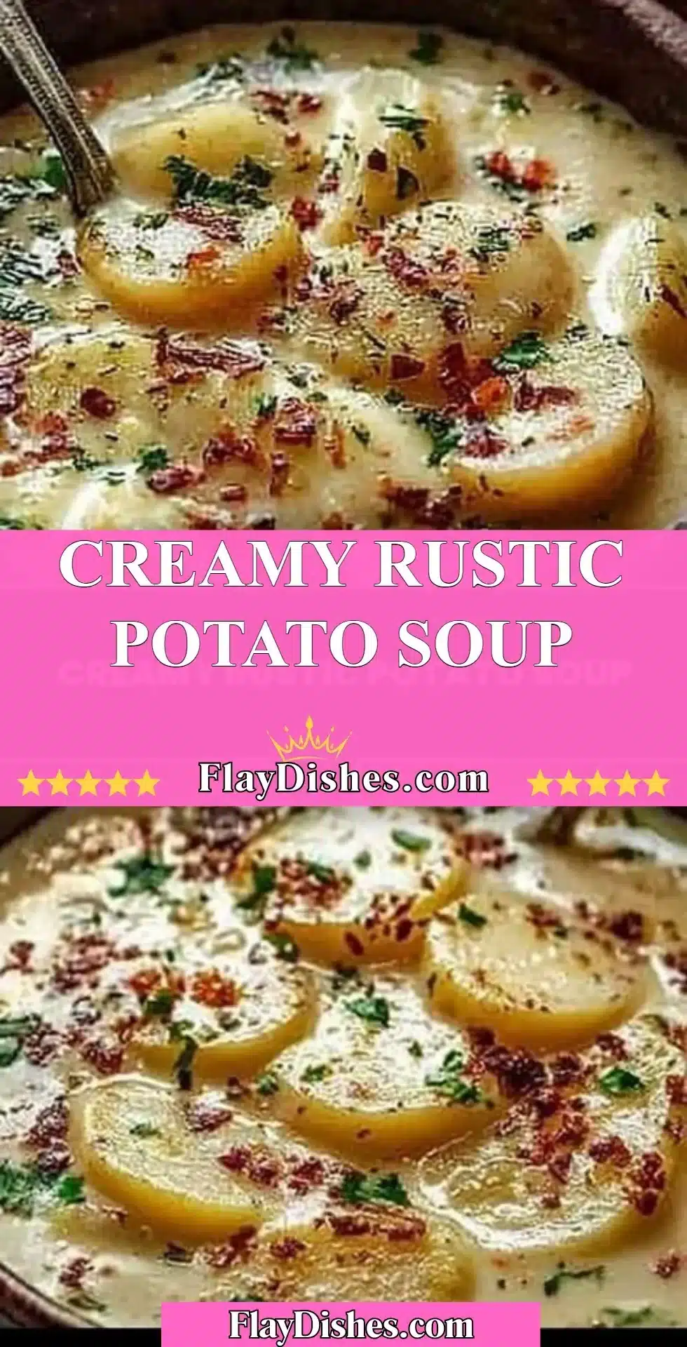 Bowl of creamy rustic potato soup garnished with herbs