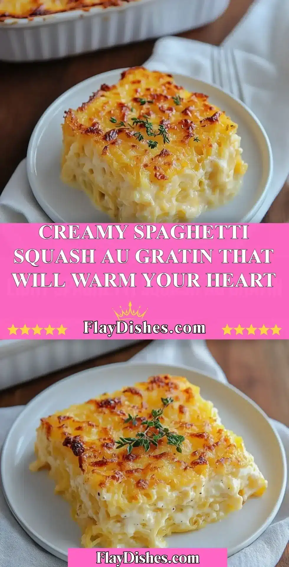 Creamy spaghetti squash au gratin served in a baking dish, topped with cheese.