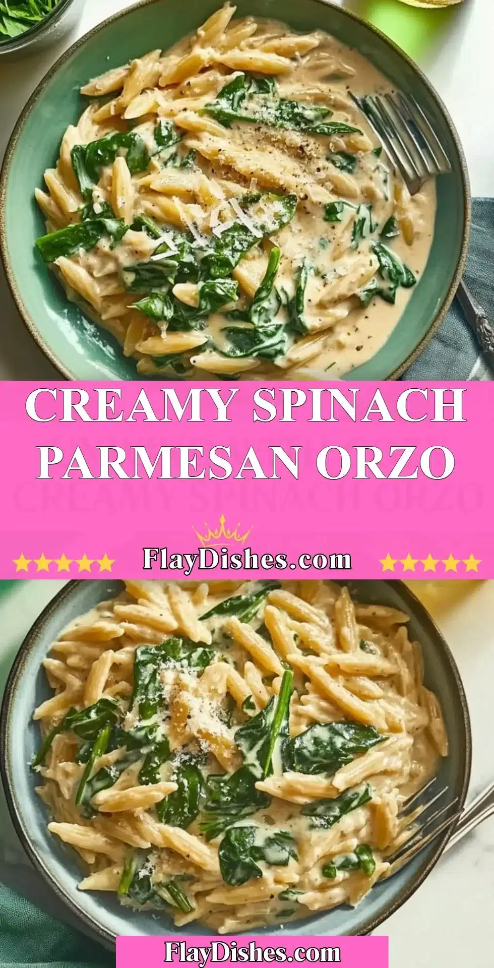 Creamy Spinach Parmesan Orzo with fresh spinach and cheese