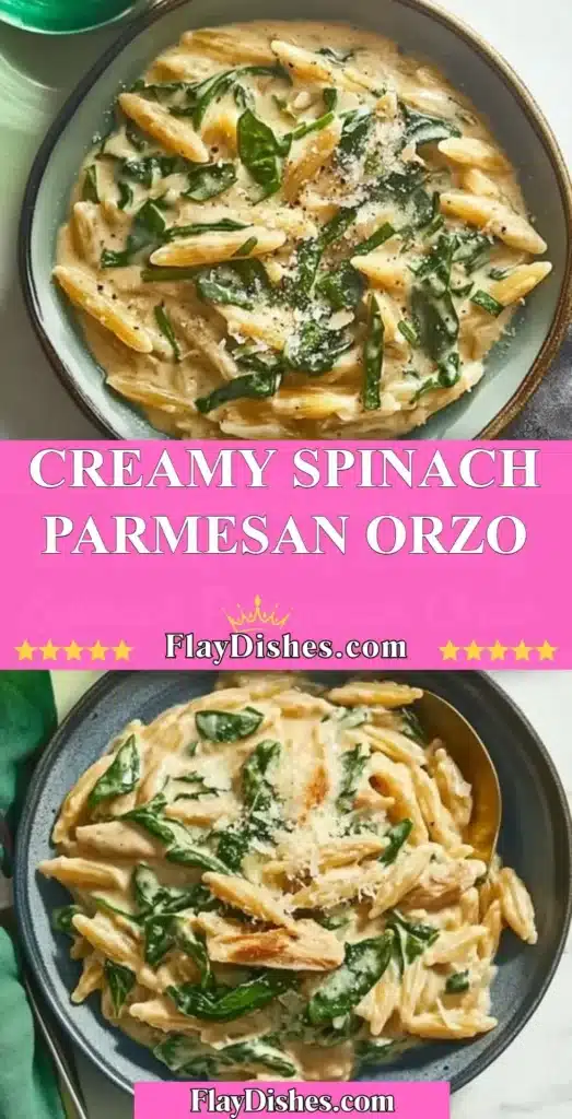 Creamy spinach parmesan orzo dish served in a bowl garnished with herbs