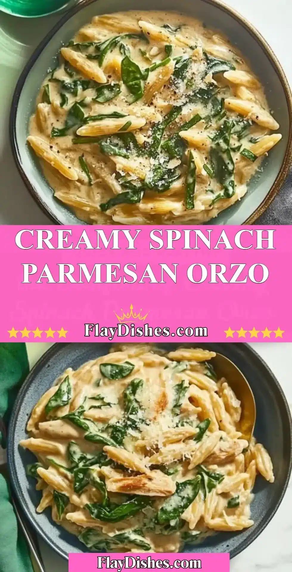 Creamy spinach parmesan orzo dish served in a bowl garnished with herbs