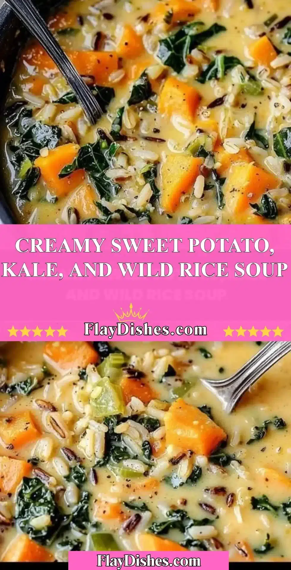 Bowl of creamy sweet potato soup with kale and wild rice garnished with herbs.