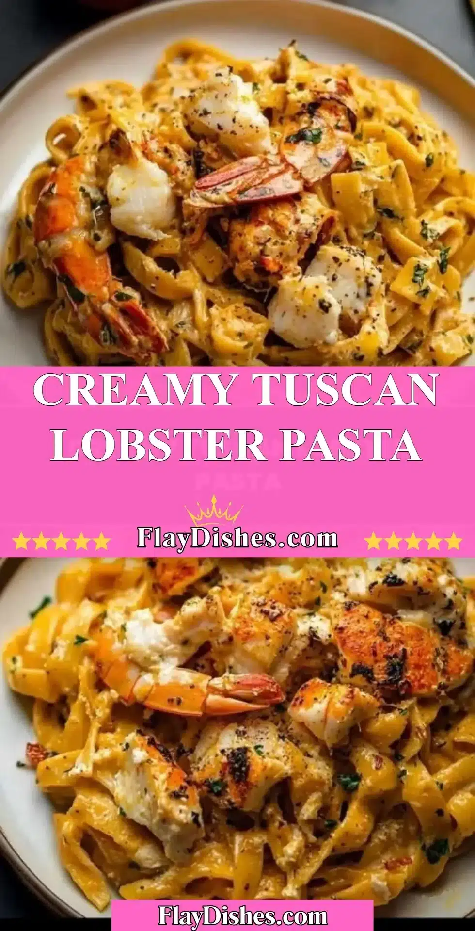 Delicious creamy Tuscan lobster pasta served in a bowl with herbs and garlic.
