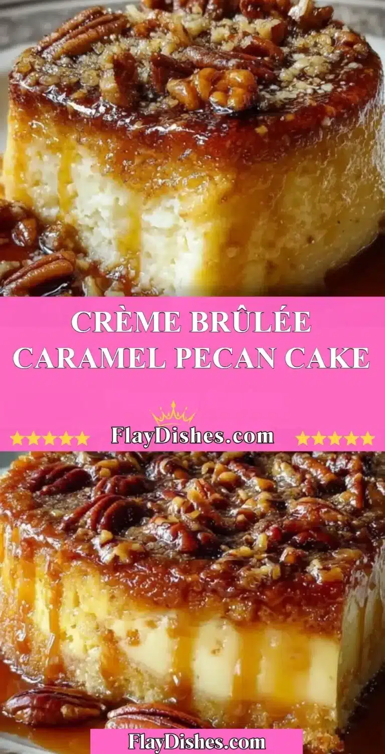 Delicious Crème Brûlée Caramel Pecan Cake topped with caramel and nuts