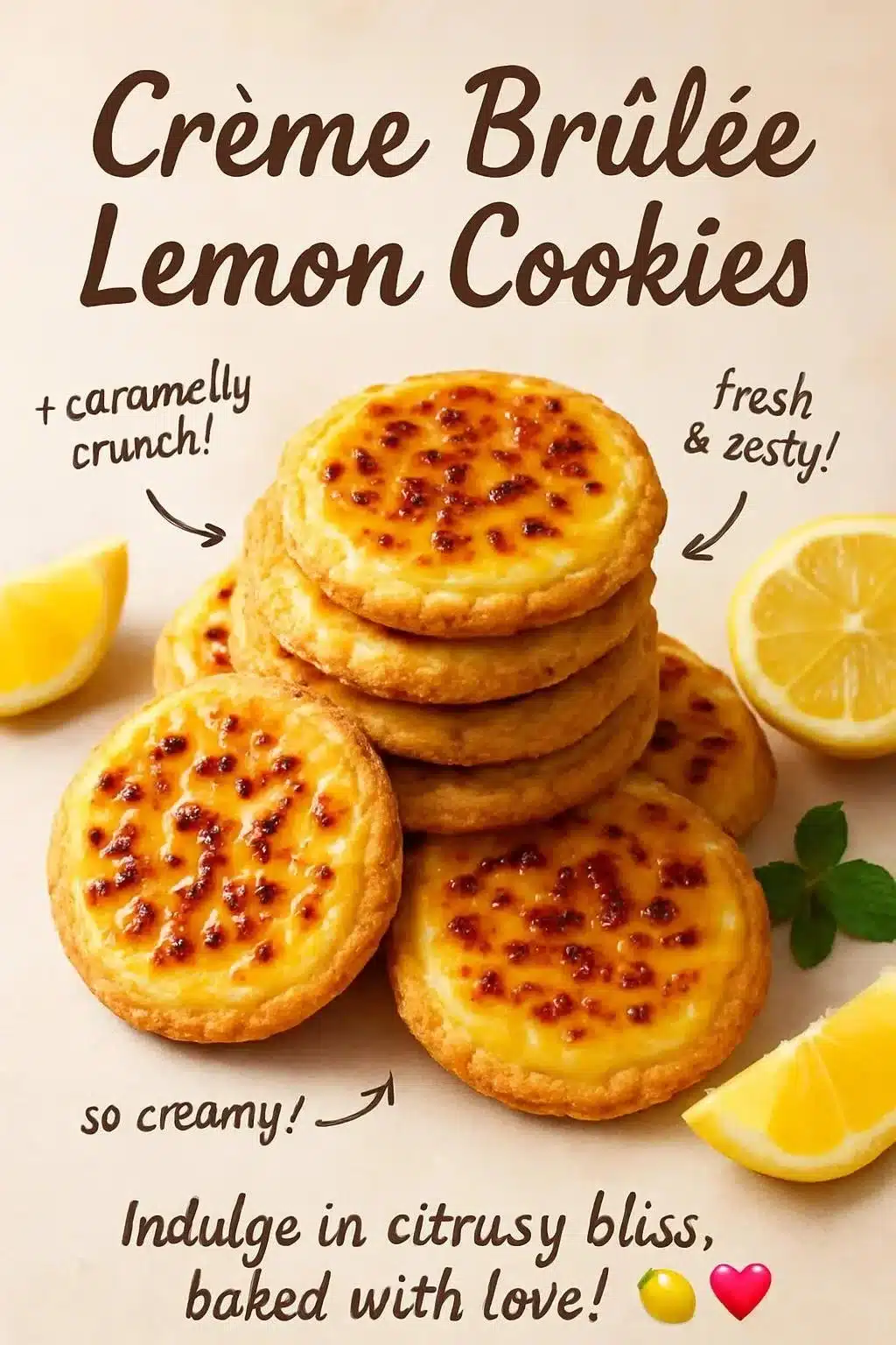 Delicious Crème Brûlée Lemon Cookies garnished with caramelized sugar on top.