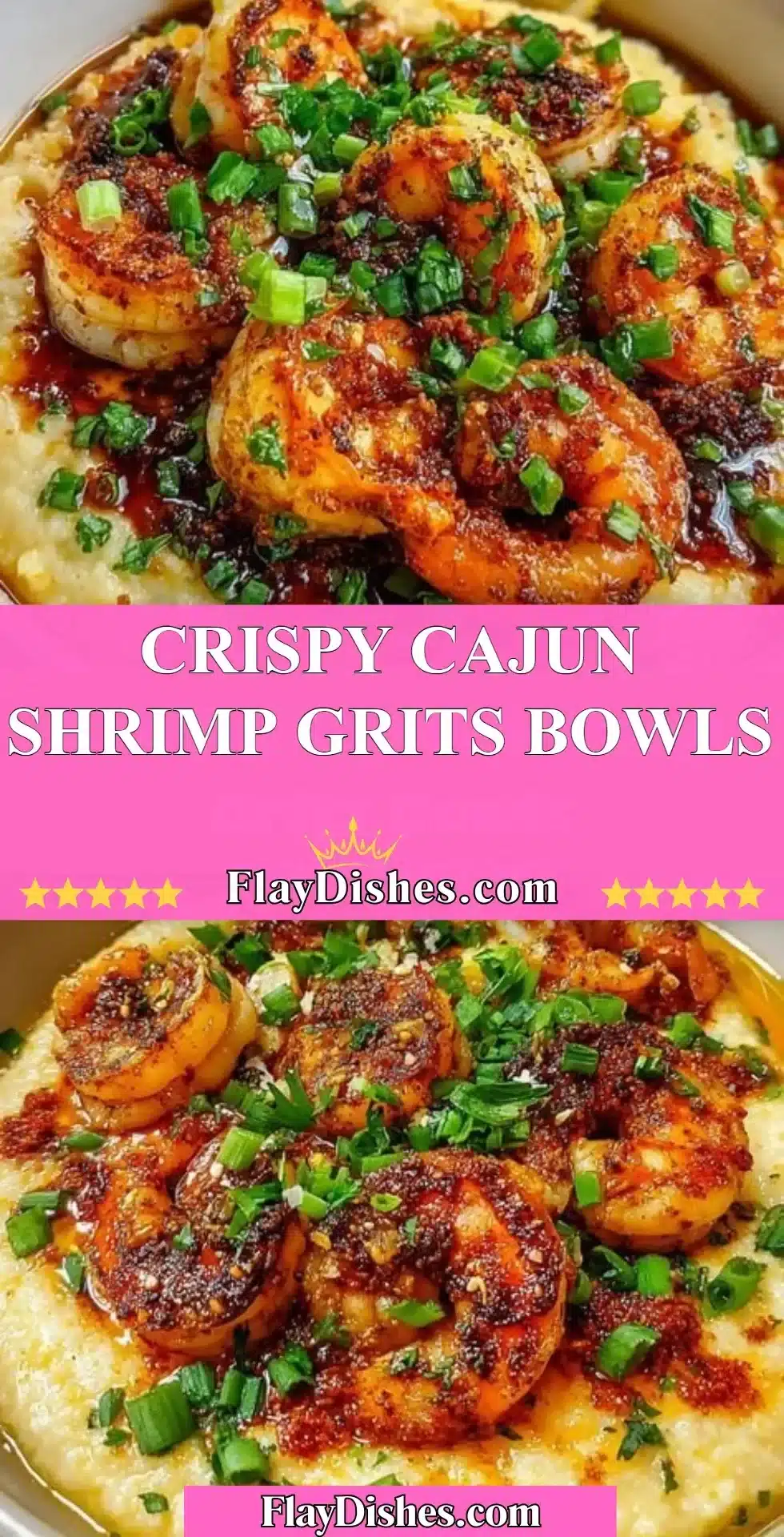 Delicious crispy Cajun shrimp served on creamy grits in a vibrant bowl.