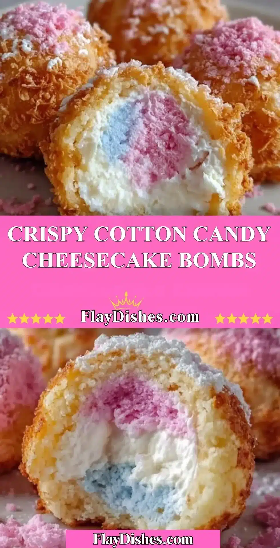Delicious Crispy Cotton Candy Cheesecake Bombs topped with colorful cotton candy.