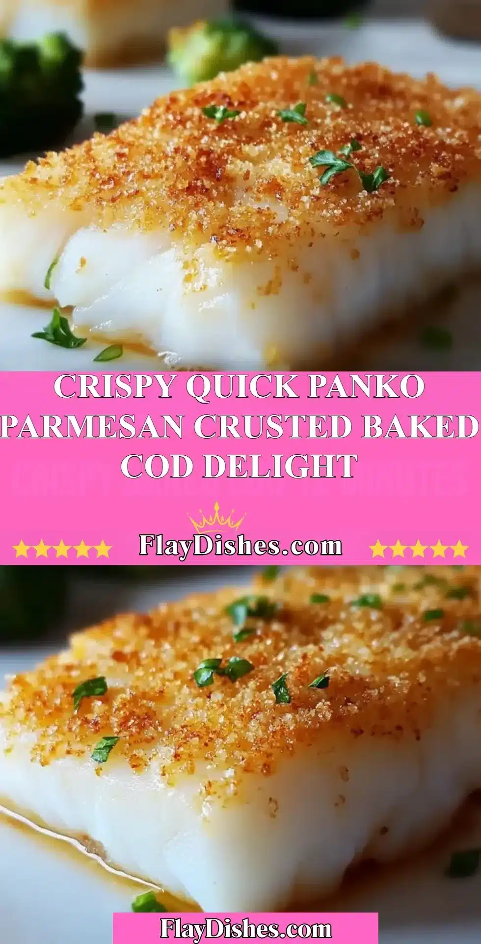 Crispy panko parmesan crusted baked cod on a plate with lemon slices
