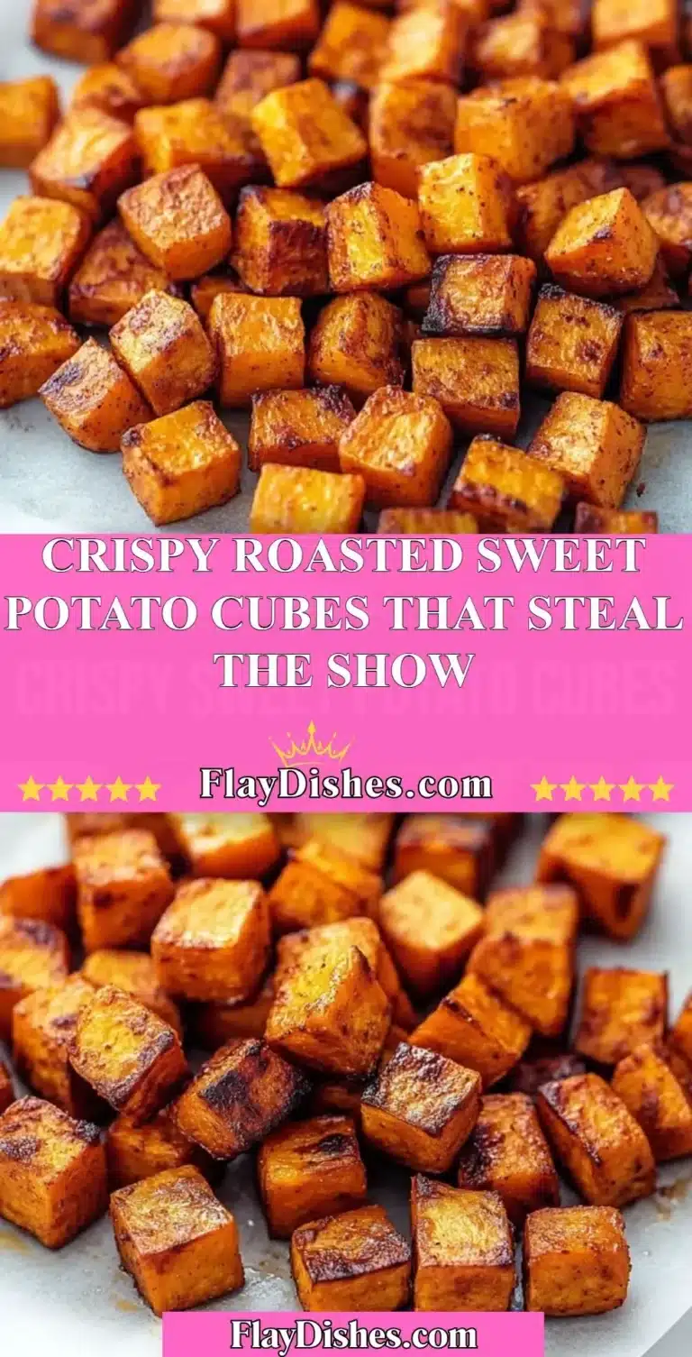 Crispy roasted sweet potato cubes served on a plate, garnished with herbs