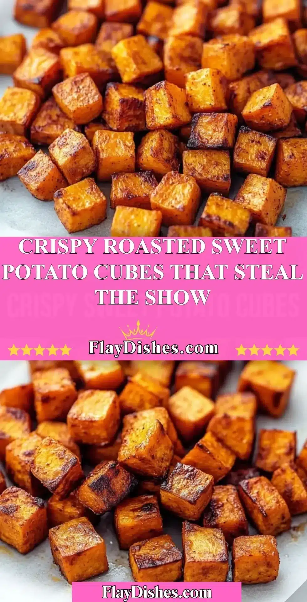 Crispy roasted sweet potato cubes served on a plate, garnished with herbs