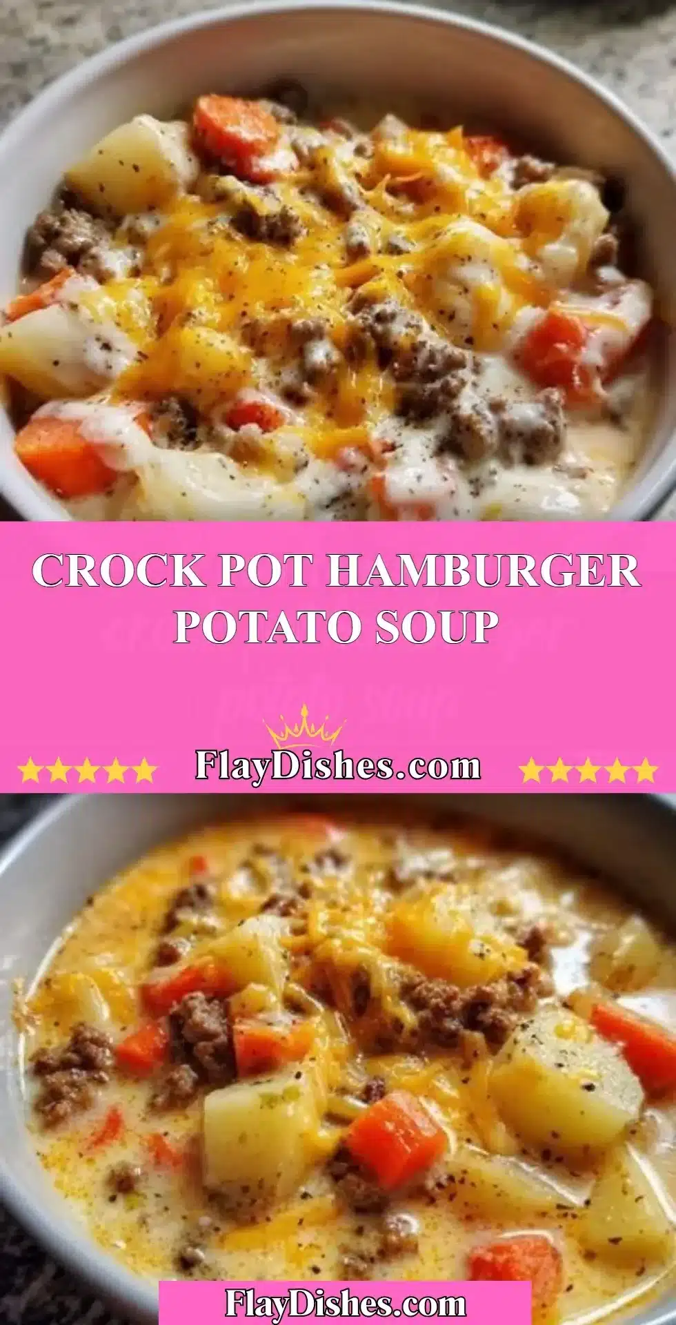 Bowls of delicious Crock Pot Hamburger Potato Soup topped with fresh herbs.