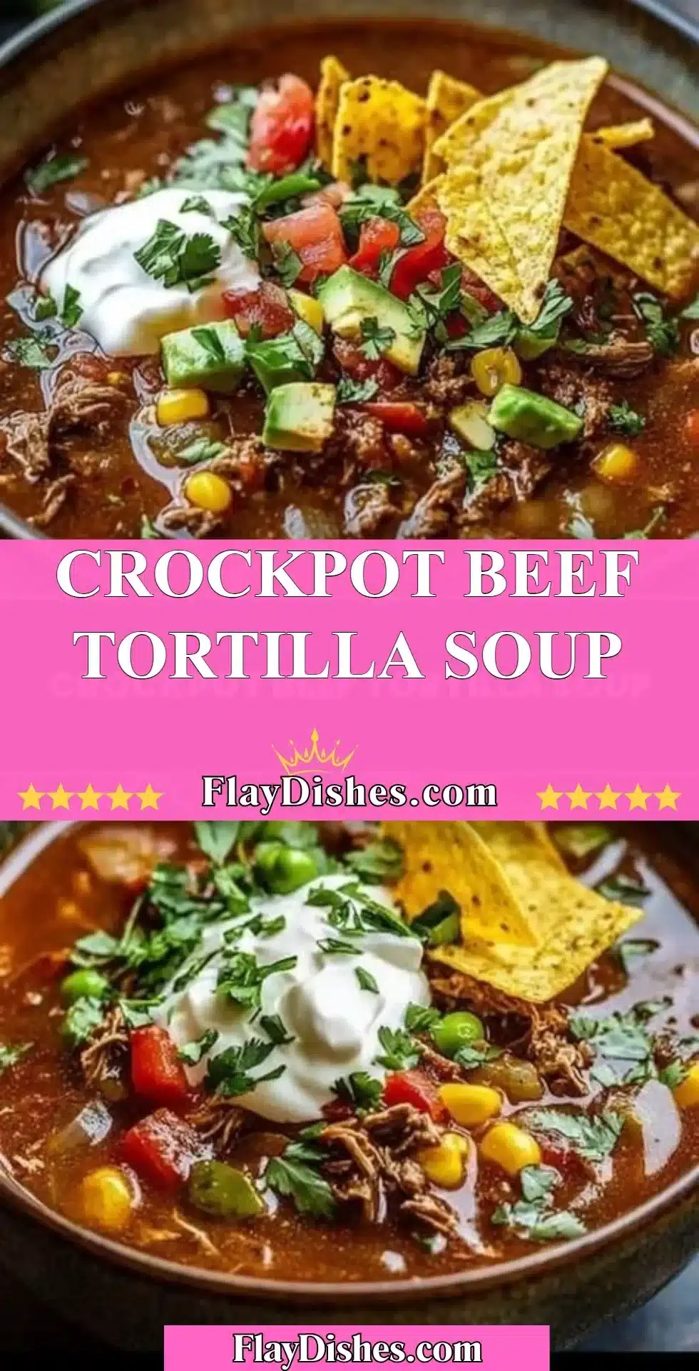 Crockpot Beef Tortilla Soup in a bowl garnished with tortilla strips and avocado