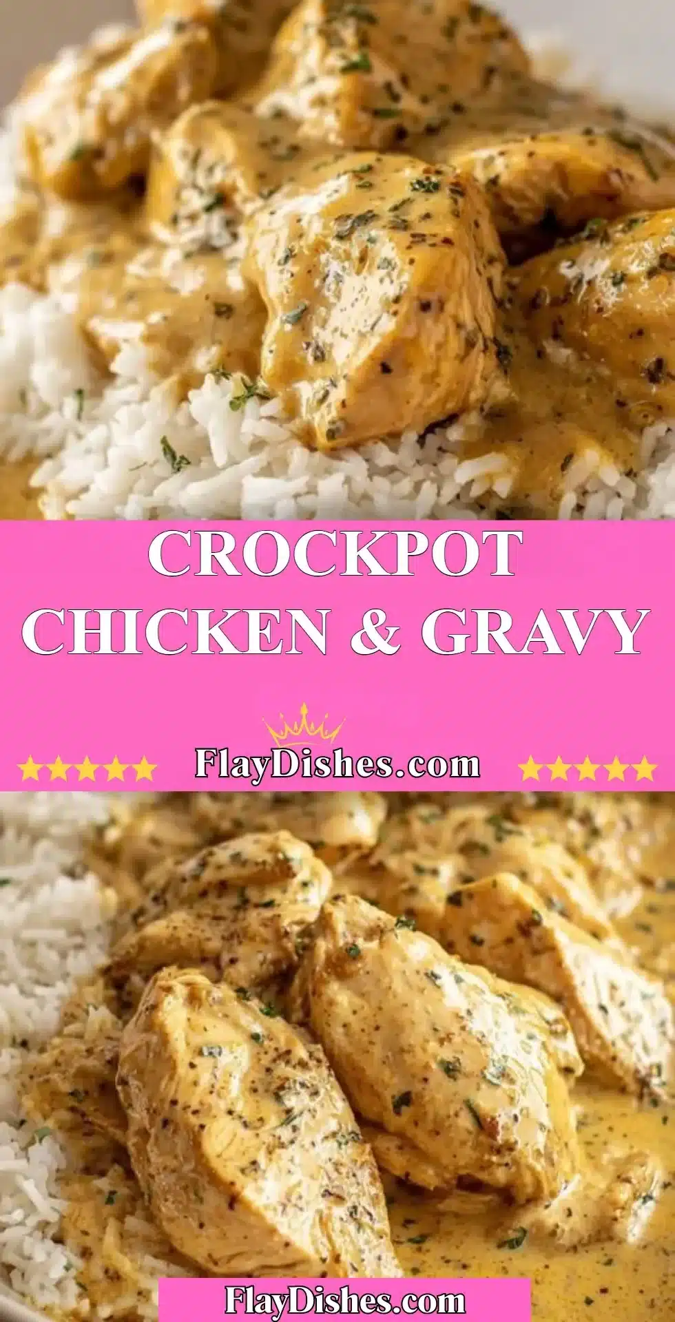 Crockpot Chicken & Gravy recipe served with rice and vegetables
