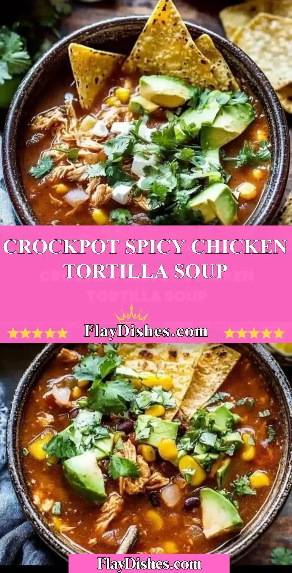 A bowl of Crockpot Spicy Chicken Tortilla Soup garnished with tortilla strips and fresh cilantro.