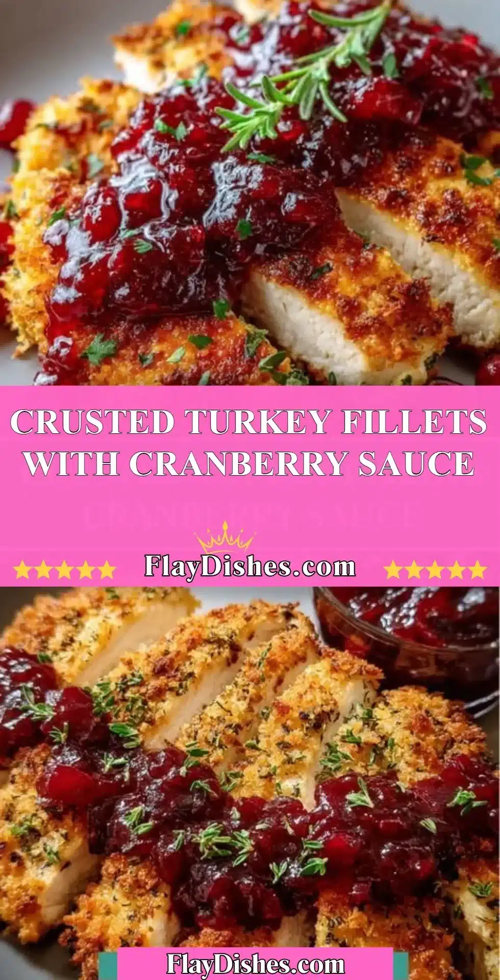 Crispy crusted turkey fillets topped with rich cranberry sauce on a plate.