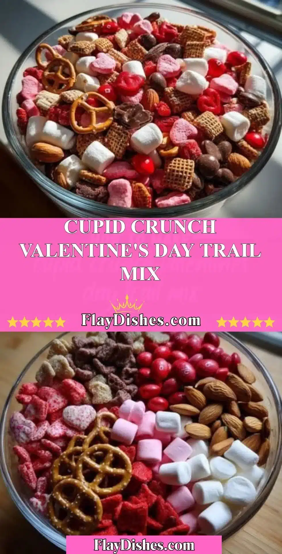 Cupid Crunch Valentine's Day Trail Mix with hearts and vibrant ingredients
