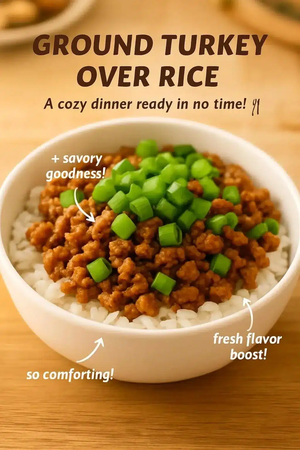 Plate of delicious ground turkey over rice with vegetables garnished