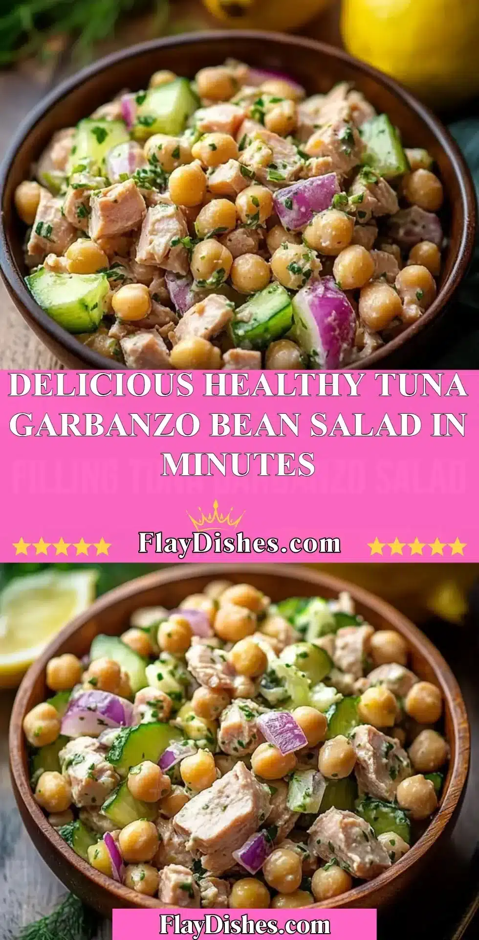 Healthy tuna salad with garbanzo beans served in a bowl