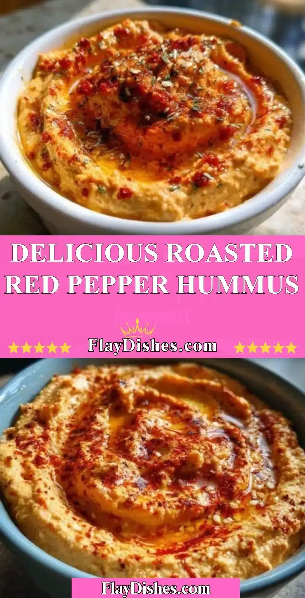Bowl of delicious roasted red pepper hummus with pita bread and vegetables