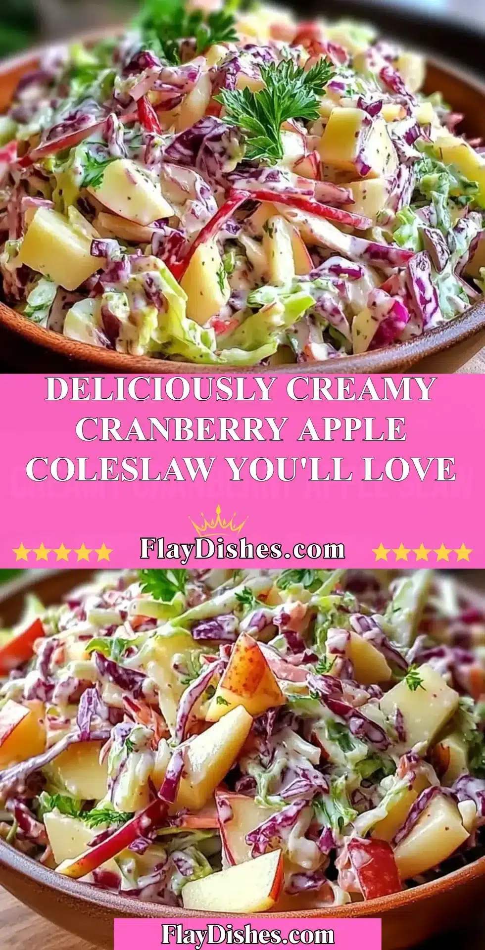 Delicious creamy cranberry apple coleslaw in a bowl topped with fresh cranberries.