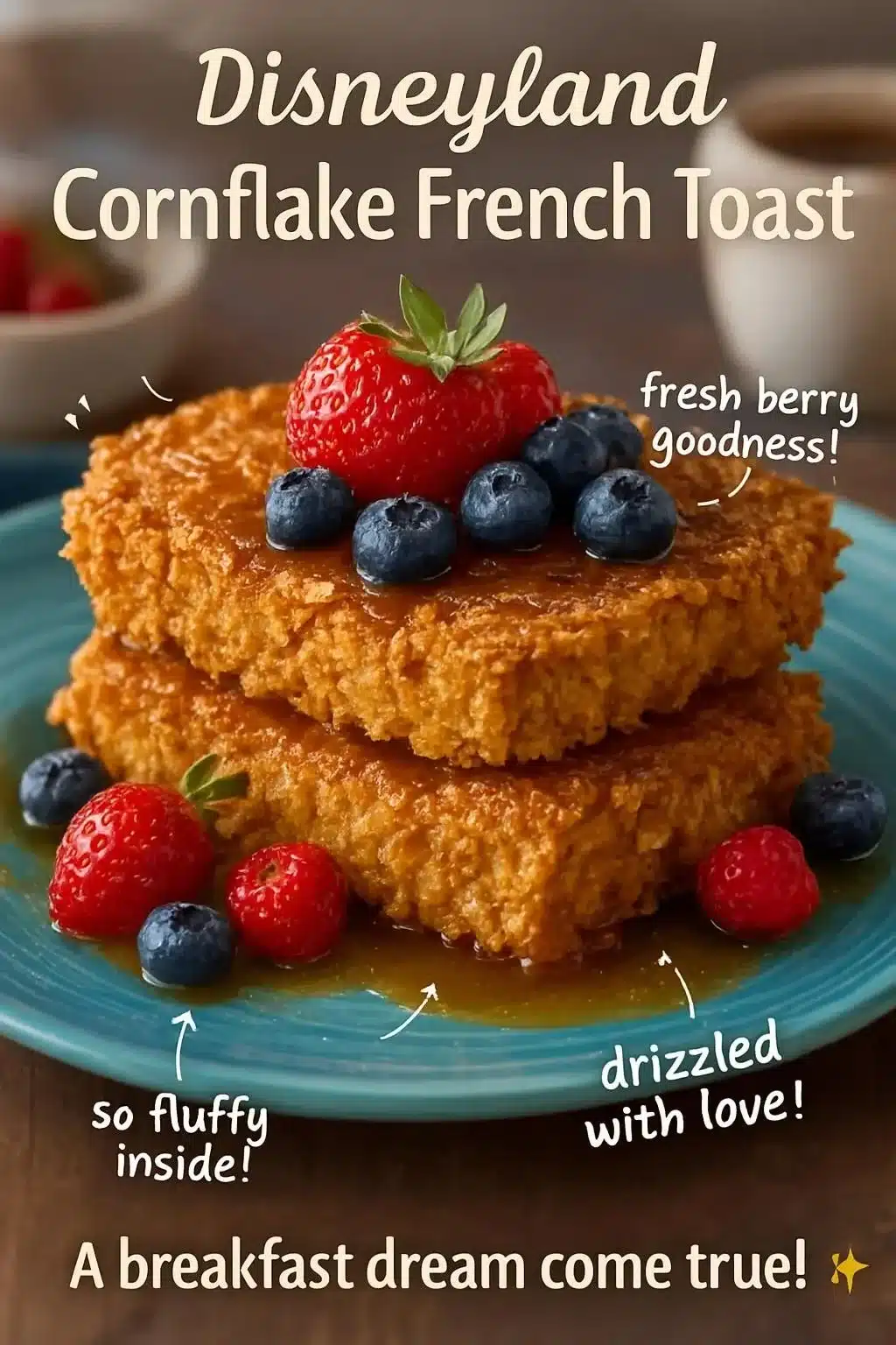 Delicious Cornflake French Toast served at Disneyland, topped with syrup and fruit.