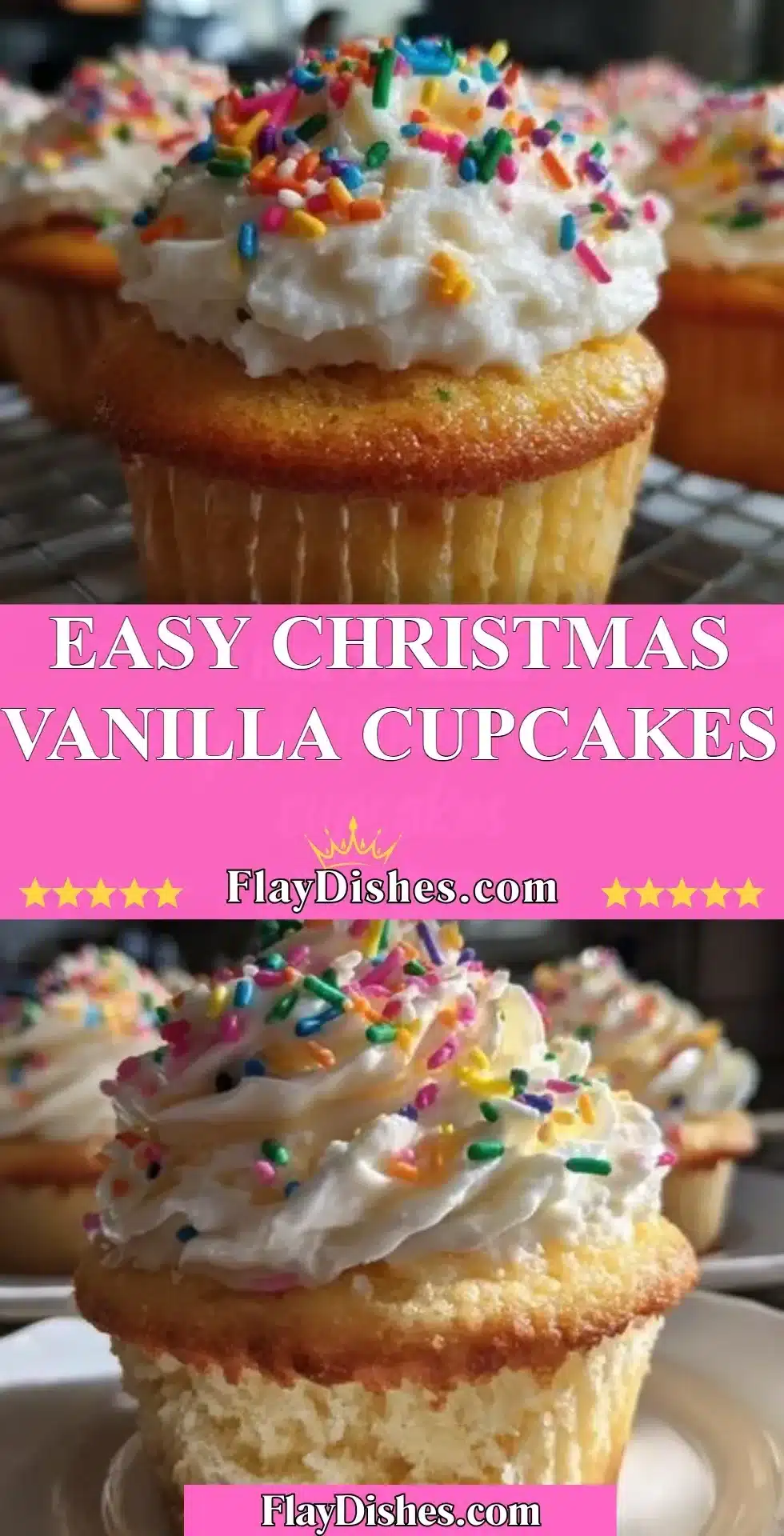 Delicious Christmas vanilla cupcakes topped with festive frosting and decorations